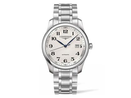 Longines Master Collection Automatik 40 mm silber arabisch Metallband – Herrenuhren Uhr mit Datum aus Edelstahl. Das Gehäuse ist rund und silber. Das Edelstahlarmband ist silber. Das Zifferblatt ist arabisch und silber.