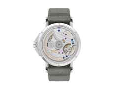 Nomos Glashütte Ahoi neomatik 38 Datum Sand Automatik Edelstahl sandfarbenes Zifferblatt dunkelgraues Textilband Glasboden – Herrenuhren Uhr mit Datum aus Edelstahl. Das Gehäuse ist rund und silber. Das Textilarmband ist grau. Das Zifferblatt ist arabisch Index und beige. – Ansicht 2