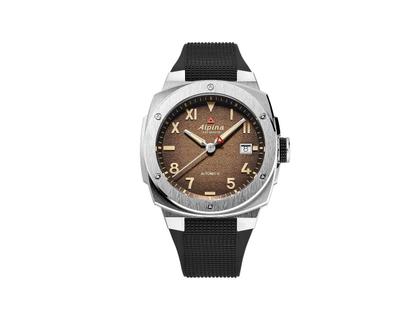 Alpina Alpiner Extreme Automatik Edelstahl 39mm California braunes Zifferblatt schwarzes Kautschukband – Herrenuhren Uhr mit Datum aus Edelstahl, Kautschuk und Titan. Das Gehäuse ist rund und silber. Das Kautschuk / Kunststoff / Silikon Armband ist schwarz. Das Zifferblatt ist ein Index in braun.