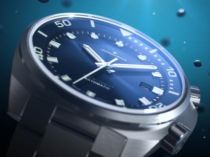 Junghans Aquaris Blue Automatik Edelstahl 47mm blaues Zifferblatt Metallband und blaues Kautschukband – Herrenuhren Uhr mit Datum aus Edelstahl und Kautschuk. Das Gehäuse ist rund und silber. Das Edelstahlarmband ist silber. Das Zifferblatt ist ein Index in blau. – Ansicht 3