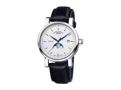 Mühle Glashütte Teutonia IV Mondphase Automatik Edelstahl 41mm weißes Zifferblatt schwarzes Lederband – Herrenuhren Uhr mit Datum aus Edelstahl. Das Gehäuse ist rund und silber. Das Lederarmband ist schwarz. Das Zifferblatt ist ein Index in weiß.