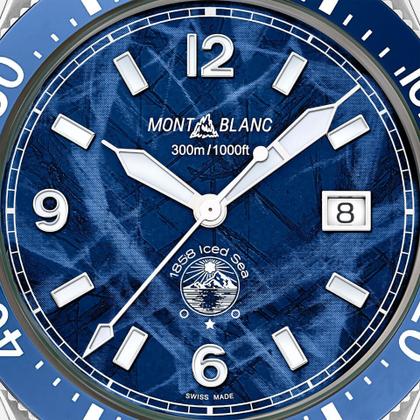 Montblanc 1858 Iced Sea Automatic Date blau Metallband – Herrenuhren Uhr mit Datum aus Edelstahl und Keramik. Das Gehäuse ist rund und silber. Das Edelstahlarmband ist silber. Das Zifferblatt ist arabisch Index und blau. – Ansicht 7