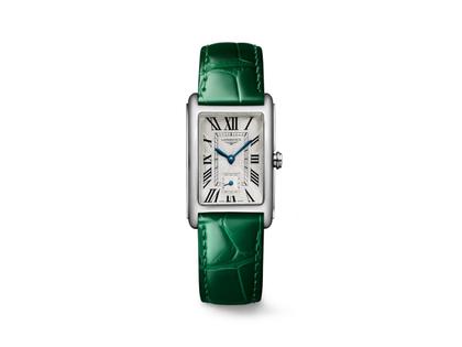 Longines DolceVita  Medium Quarz Edelstahl 23x37mm silbernes Zifferblatt römisch grünes Lederband – Damenuhren Uhr ohne Datum aus Edelstahl. Das Gehäuse ist rechteckig und silber. Das Lederarmband Kroko / Alligator ist grün. Das Zifferblatt ist römisch und silber.