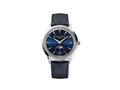 Frederique Constant Classics Moneta Moonphase Quarz 37mm blaues Zifferblatt blaues Lederband – Herrenuhren Uhr ohne Datum aus Edelstahl und Leder. Das Gehäuse ist rund und silber. Das Lederarmband ist blau. Das Zifferblatt ist ein Index in blau.