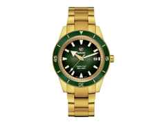 Rado Captain Cook Automatik Edelstahl gelbgold beschichtet grün Edelstahlband gelbgold beschichtet – Herrenuhren Uhr mit Datum aus Edelstahl und PVD beschichtet. Das Gehäuse ist rund und gelbgold. Das Edelstahlarmband ist gelbgold. Das Zifferblatt ist ein Index in grün.