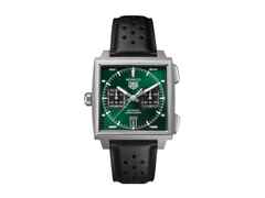 TAG Heuer Monaco Chronograph Automatik Titan 39mm grünes Zifferblatt schwarzes Lederband – Herrenuhren Chronograph aus Titan. Das Gehäuse ist quadratisch und grau. Das Lederarmband ist schwarz. Das Zifferblatt ist ein Index in grün.