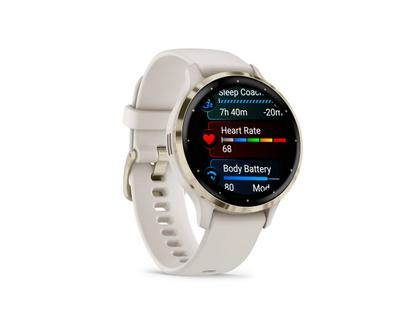 Garmin Venu 3S faserverstärktes Polymer elfenbeinfarben 41mm elfenbeinfarbenes Kautschukband – Herrenuhren Uhr Multifunktion aus Edelstahl, Kautschuk, Kunststoff und PVD beschichtet. Das Gehäuse ist rund und beige. Das Kautschuk / Kunststoff / Silikon Armband ist beige. Das Zifferblatt ist digital und schwarz. – Ansicht 7