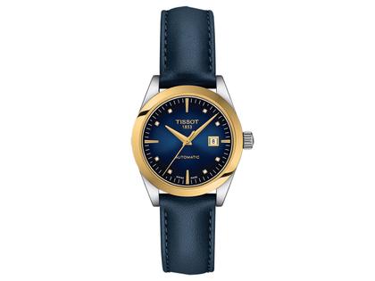 Damenuhren Uhr mit Datum aus 750 Gelbgold und Edelstahl. Das Gehäuse ist rund und silber-gelbgold. Das Lederarmband ist blau. Das Zifferblatt ist ein Index in blau.