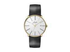 Junghans Meister fein Automatic Edition Erhard Gelbgold 39,5mm weißes Zifferblatt schwarzes Lederband – Herrenuhren Uhr mit Datum aus 750 Gelbgold. Das Gehäuse ist rund und gelbgold. Das Lederarmband ist schwarz. Das Zifferblatt ist römisch und weiß.