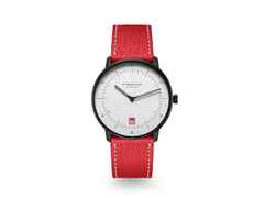 Sternglas Naos Edition Bauhaus III Quarz Edelstahl Schwarz-PVD 38mm weißes Zifferblatt rotes Lederband – Herrenuhren Uhr mit Datum aus Edelstahl, Leder und PVD beschichtet. Das Gehäuse ist rund und schwarz. Das Lederarmband ist rot. Das Zifferblatt ist arabisch Index und weiß.