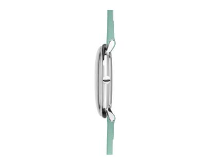 Junghans Max Bill Damen Quarz Edelstahl 32,7mm blaues Zifferblatt blaues Lederband – Damenuhren Uhr mit Datum aus Edelstahl. Das Gehäuse ist rund und silber. Das Lederarmband ist blau. Das Zifferblatt ist ein Index in blau. – Ansicht 3
