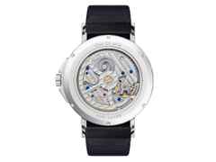 Nomos Glashütte Ahoi Atlantik Automatik Glasboden – Herrenuhren Uhr ohne Datum aus Edelstahl. Das Gehäuse ist rund und silber. Das Textilarmband ist blau. Das Zifferblatt ist arabisch Index und blau. – Ansicht 4
