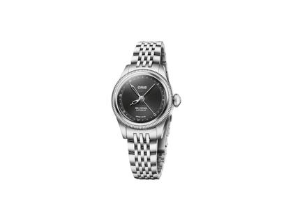 Oris Big Crown Pointer Date Automatik Edelstahl 29mm schwarzes Zifferblatt Metallband – Damenuhren Uhr mit Datum aus Edelstahl. Das Gehäuse ist rund und silber. Das Edelstahlarmband ist silber. Das Zifferblatt ist ohne Zeichen und schwarz.