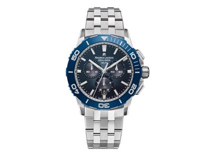 Maurice Lacroix Pontos S Solar Chronograph Quarz Edelstahl 42mm blaues Zifferblatt Metallband – Herrenuhren Chronograph aus Aluminium und Edelstahl. Das Gehäuse ist rund und silber. Das Edelstahlarmband ist silber. Das Zifferblatt ist ein Index in blau.