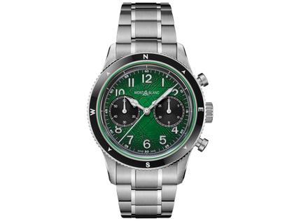 Montblanc 1858 Automatic Chronograph 0 Oxygen Edelstahl 42mm grünes Zifferblatt Metallband – Herrenuhren Chronograph aus Edelstahl und Keramik. Das Gehäuse ist rund und silber. Das Edelstahlarmband ist silber. Das Zifferblatt ist arabisch und grün.