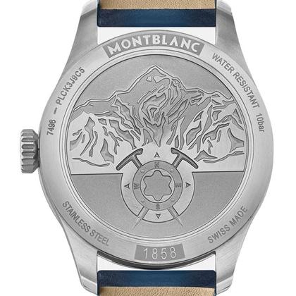 Montblanc 1858 Automatic 40mm blau – Herrenuhren Uhr ohne Datum aus Bronze und Edelstahl. Das Gehäuse ist rund und silber. Das Lederarmband ist blau. Das Zifferblatt ist arabisch und blau. – Ansicht 2