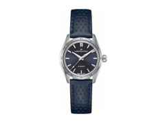 Hamilton Jazzmaster Performer Auto Edelstahl 34mm dunkelblaues Zifferblatt dunkelblaues Lederband – Damenuhren Uhr ohne Datum aus Edelstahl und Leder. Das Gehäuse ist rund und silber. Das Lederarmband ist blau. Das Zifferblatt ist ein Index in blau.