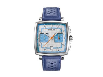 Union Glashütte Averin Chronograph Automatik Edelstahl 41mm weißes Zifferblatt blaues Kautschukband und blaues Lederband – Herrenuhren Chronograph aus Edelstahl, Kautschuk und Leder. Das Gehäuse ist quadratisch und silber. Das Lederarmband ist blau. Das Zifferblatt ist ein Index in weiß. – Ansicht 2