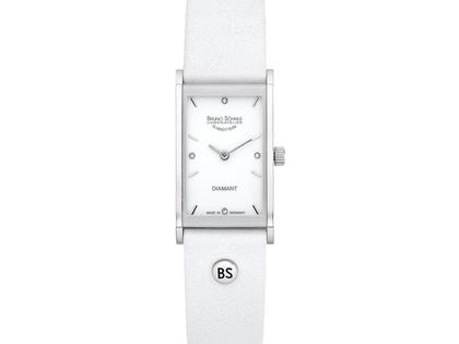 Bruno Söhnle Glashütte Thalia III Edelstahl weißes Zifferblatt Diamanten weißes Lederband – Damenuhren Uhr ohne Datum aus Edelstahl. Das Gehäuse ist rechteckig und silber. Das Lederarmband ist weiß. Das Zifferblatt ist ein Index in weiß.