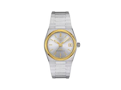 Tissot PRX Automatik Edelstahl 35mm silberfarbenes Zifferblatt Metallband – Damenuhren Uhr mit Datum aus 750 Gelbgold und Edelstahl. Das Gehäuse ist rund und silber-gelbgold. Das Edelstahlarmband ist silber. Das Zifferblatt ist ein Index in silber.