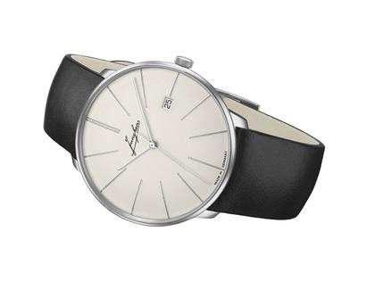 Junghans Meister fein Kleine Automatic Edelstahl 39mm weißes Zifferblatt schwarzes Lederband – Herrenuhren Uhr mit Datum aus Edelstahl und Leder. Das Gehäuse ist rund und silber. Das Lederarmband ist schwarz. Das Zifferblatt ist ein Index in grau. – Ansicht 3