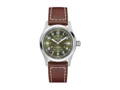 Hamilton Khaki Field Automatik Edelstahl 38mm grünes Zifferblatt braunes Lederband – Herrenuhren Uhr ohne Datum aus Edelstahl und Leder. Das Gehäuse ist rund und silber. Das Lederarmband ist braun. Das Zifferblatt ist arabisch und grün.