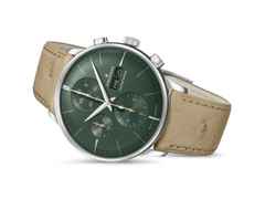 Junghans Meister Chronoscope Automatik Edelstahl 41mm grünes Zifferblatt braunes Lederband – Herrenuhren Chronograph aus Edelstahl und Leder. Das Gehäuse ist rund und silber. Das Lederarmband Strauß ist braun. Das Zifferblatt ist ein Index in grün. – Ansicht 4