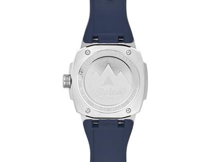 Alpina Alpiner Extreme Solarmetre Quarz Edelstahl 38mm blaues Zifferblatt blaues Kautschukband – Herrenuhren Uhr mit Datum aus Edelstahl und Kautschuk. Das Gehäuse ist rund und silber. Das Kautschuk / Kunststoff / Silikon Armband ist blau. Das Zifferblatt ist ein Index in blau. – Ansicht 3