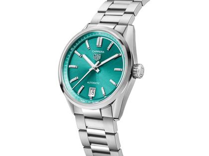 TAG Heuer Carrera Date Automatik Edelstahl 36mm türkisfarbenes Zifferblatt Metallband – Damenuhren Uhr mit Datum aus Edelstahl. Das Gehäuse ist rund und silber. Das Edelstahlarmband ist silber. Das Zifferblatt ist ein Index in türkis. – Ansicht 2