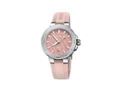 Oris Aquis Date Lady Automatik 36,5mm Edelstahl rosa Perlmutt-Zifferblatt Kautschukband – Damenuhren Uhr mit Datum aus Edelstahl und Kautschuk. Das Gehäuse ist rund und silber. Das Kautschuk / Kunststoff / Silikon Armband ist rosa. Das Zifferblatt ist ein Index in rosa.