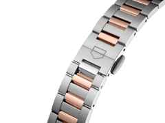 TAG Heuer Carrera Date Automatik Edelstahl 36mm weißes Perlmutt-Zifferblatt mit Brillanten zweifarbiges Metallband – Damenuhren Uhr mit Datum aus 750 Rotgold und Edelstahl. Das Gehäuse ist rund und silber-roségold. Das Edelstahlarmband mit Gold ist silber-roségold. Das Zifferblatt ist ein Index in weiß. – Ansicht 4