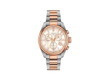 Tissot PR 100 Chronograph Quarz Edelstahl Roségold-PVD 36mm weißes Perlmutt-Zifferblatt Metallband – Damenuhren Chronograph aus Edelstahl und PVD beschichtet. Das Gehäuse ist rund und silber. Das Edelstahlarmband ist silber-roségold. Das Zifferblatt ist ein Index in weiß.