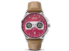 Union Glashütte Noramis Chronograph Sachsen Classic 2020 Limited Edition Automatik Edelstahl 42mm zinnoberrotes Zifferblatt graues Lederband – Herrenuhren Chronograph aus Edelstahl und Leder. Das Gehäuse ist rund und silber. Das Lederarmband ist grau. Das Zifferblatt ist arabisch Index und rot. – Ansicht 3