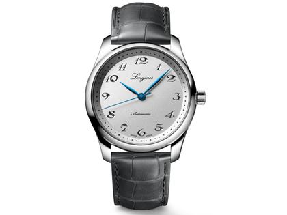 Longines Master Collection 190TH Anniversary Automatik 40 mm Zifferblatt silber Lederband grau – Herrenuhren Uhr ohne Datum aus Edelstahl. Das Gehäuse ist rund und silber. Das Lederarmband ist grau. Das Zifferblatt ist arabisch und silber.