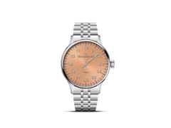 MeisterSinger Yaara Automatik Edelstahl 36mm lachsfarbenes Zifferblatt Metallband – Damenuhren Uhr ohne Datum aus Edelstahl. Das Gehäuse ist rund und silber. Das Edelstahlarmband ist silber. Das Zifferblatt ist arabisch und orange.