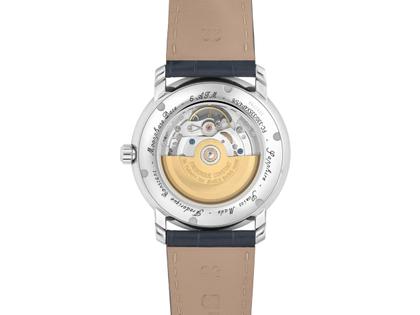 Frederique Constant Classics Heart Beat Moonphase Date Automatik Edelstahl 40mm blaues Zifferblatt blaues Lederband – Herrenuhren Uhr mit Datum aus Edelstahl und Leder. Das Gehäuse ist rund und silber. Das Lederarmband ist blau. Das Zifferblatt ist römisch und blau. – Ansicht 2