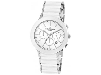 Jacques Lemans Quarz Dublin Chronograph Keramik weiß Edelstahl weiß Edelstahlband – Herrenuhren Chronograph aus Edelstahl und Keramik. Das Gehäuse ist rund und silber. Das Edelstahlarmband ist weiß. Das Zifferblatt ist ein Index in weiß.