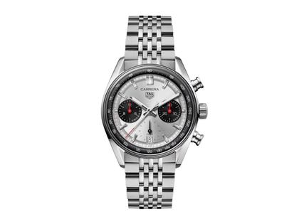 TAG Heuer Carrera Chronograph Automatik Edelstahl 39mm silberfarbenes Zifferblatt Metallband – Herrenuhren Chronograph aus Edelstahl und Keramik. Das Gehäuse ist rund und silber. Das Edelstahlarmband ist silber. Das Zifferblatt ist ein Index in silber.