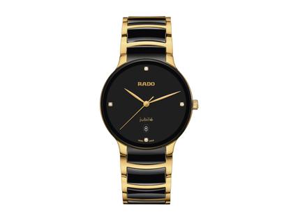 Rado Centrix Diamonds Quarz Edelstahl Gelbgold-PVD 39,5mm schwarzes Zifferblatt Metallband – Herrenuhren Uhr mit Datum aus Edelstahl, Keramik und PVD beschichtet. Das Gehäuse ist rund und gelbgold. Das Keramikarmband ist schwarz. Das Zifferblatt ist ein Index in schwarz.
