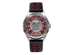 UMF Ruhla Colani Design 2025 Limited Edition Automatik Edelstahl 43mm rotes Zifferblatt schwarzes Lederband – Herrenuhren Uhr mit Datum aus Edelstahl. Das Gehäuse ist rund und silber. Das Lederarmband ist schwarz. Das Zifferblatt ist arabisch Index und rot.