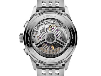 Breitling Premier B01 Chronograph 42 Automatik Edelstahl blaues Zifferblatt Metallband – Herrenuhren Chronograph aus Edelstahl und Leder. Das Gehäuse ist rund und silber. Das Edelstahlarmband ist silber. Das Zifferblatt ist arabisch und blau. – Ansicht 2