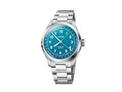 Oris Big Crown Pointer Date Automatik Edelstahl 40mm hellblaues Zifferblatt Metallband – Herrenuhren Uhr mit Datum aus Edelstahl. Das Gehäuse ist rund und silber. Das Edelstahlarmband ist silber. Das Zifferblatt ist arabisch und blau.