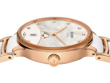Rado Centrix Diamonds Quarz Edelstahl Roségold-PVD 35mm weißes Perlmutt-Zifferblatt mit Brillanten Metallband – Damenuhren Uhr mit Datum aus Edelstahl, Keramik und PVD beschichtet. Das Gehäuse ist rund und roségold. Das Edelstahlarmband ist roségold. Das Zifferblatt ist ein Index in weiß. – Ansicht 3