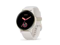 Garmin vívoactive 5 faserverstärktes Polymer elfenbein-/cremgoldfarben 42mm elfenbeinfarbenes Kautschukband – Damenuhren Uhr Multifunktion aus eloxiertes Aluminium, Kautschuk, Kunststoff und PVD beschichtet. Das Gehäuse ist rund und elfenbein. Das Kautschuk / Kunststoff / Silikon Armband ist elfenbein. Der Zifferblatt ist digital. – Ansicht 3