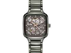 Rado True Square Open Heart Automatik Keramik 38mm graues Zifferblatt graues Keramikband – Herrenuhren Uhr ohne Datum aus Keramik und Titan. Das Gehäuse ist quadratisch und grau. Das Keramikarmband ist grau. Das Zifferblatt ist skelettiert und grau.