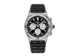 Breitling Chronomat B01 42 Automatik Edelstahl schwarzes Zifferblatt mit Brillanten 1,30ct schwarzes Kautschukband – Herrenuhren Chronograph aus Edelstahl und Kautschuk. Das Gehäuse ist rund und silber. Das Kautschuk / Kunststoff / Silikon Armband ist schwarz. Das Zifferblatt ist ein Index in schwarz.