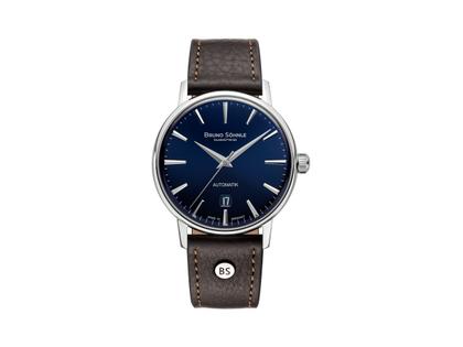Bruno Söhnle Glashütte Bergamo Automatik Edelstahl 39mm blaues Zifferblatt braunes Lederband – Herrenuhren Uhr mit Datum aus Edelstahl. Das Gehäuse ist rund und silber. Das Lederarmband ist braun. Das Zifferblatt ist arabisch Index und blau.