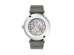 Nomos Glashütte Tangente 38 Datum "175 Years Watchmaking - Lakritze" Handaufzug Edelstahl graues Zifferblatt graues Textilband Glasboden – Herrenuhren Uhr mit Datum aus Edelstahl. Das Gehäuse ist rund und silber. Das Textilarmband ist grau. Das Zifferblatt ist arabisch Index und grau. – Ansicht 2