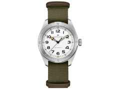 Hamilton Khaki Field Expedition Automatik Edelstahl 41mm weißes Zifferblatt olivgrünes Textilband – Herrenuhren Uhr ohne Datum aus Edelstahl. Das Gehäuse ist rund und silber. Das Textilarmband ist grün. Das Zifferblatt ist ein Index in weiß.