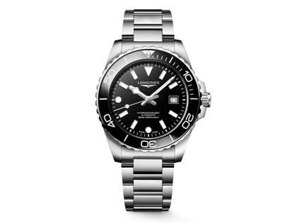Longines HydroConquest Automatik Edelstahl 42mm schwarzes Zifferblatt Metallband – Herrenuhren Uhr mit Datum aus Edelstahl. Das Gehäuse ist rund und silber. Das Edelstahlarmband ist silber. Das Zifferblatt ist ein Index in schwarz.